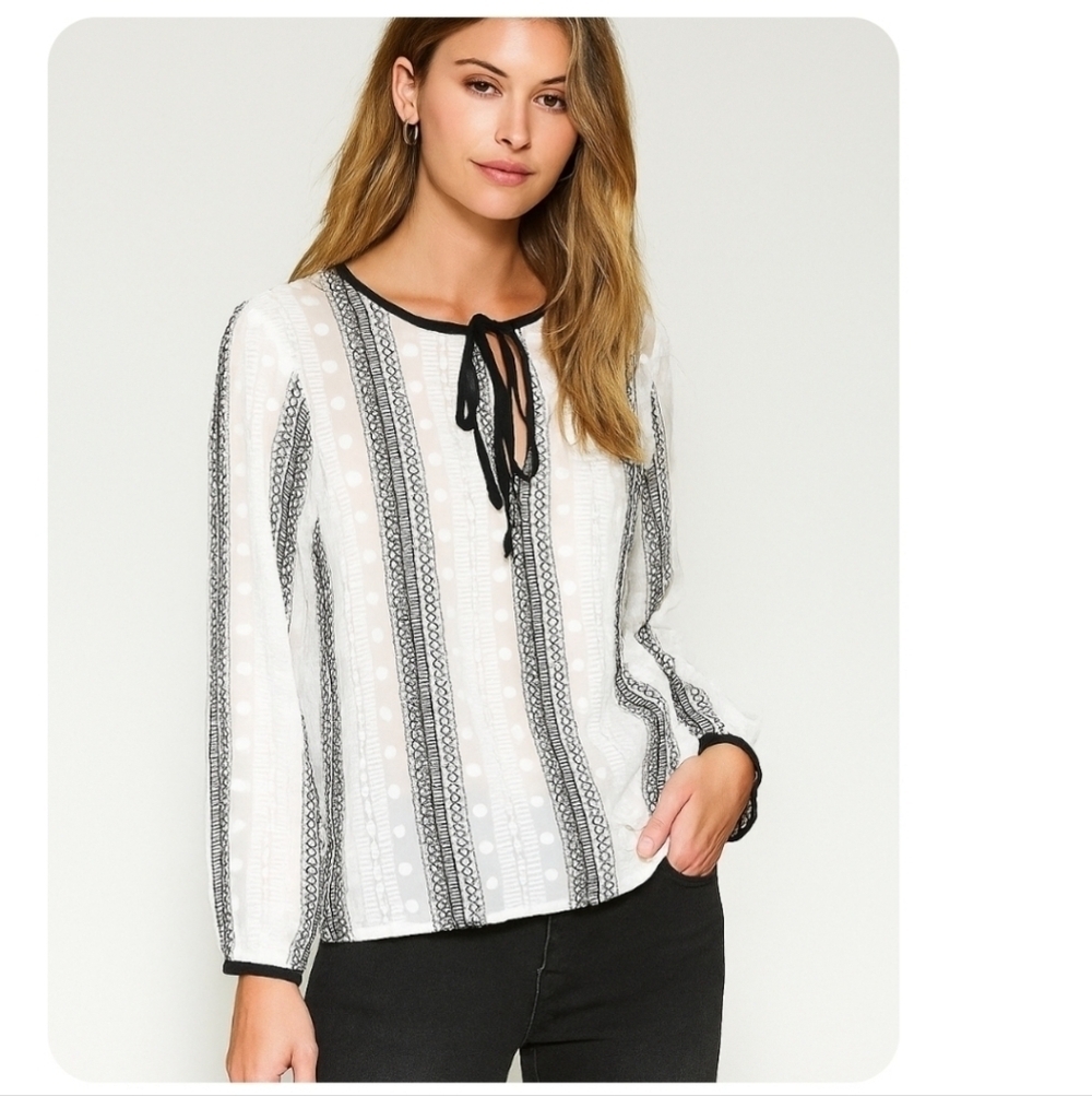 Endless Rose Womens White And Black Sheer Embroidered Blouse S